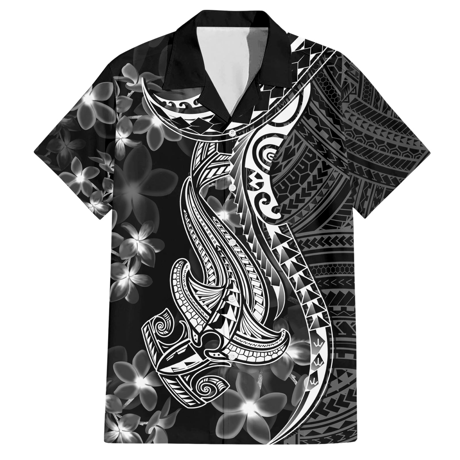 Black Polynesia Hawaiian Shirt Shark Tattoo With Polynesian Plumeria LT14 Black - Polynesian Pride