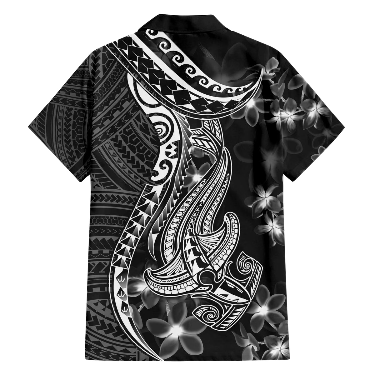 Black Polynesia Hawaiian Shirt Shark Tattoo With Polynesian Plumeria LT14 - Polynesian Pride