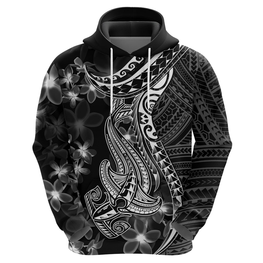 Black Polynesia Hoodie Shark Tattoo With Polynesian Plumeria LT14 - Polynesian Pride