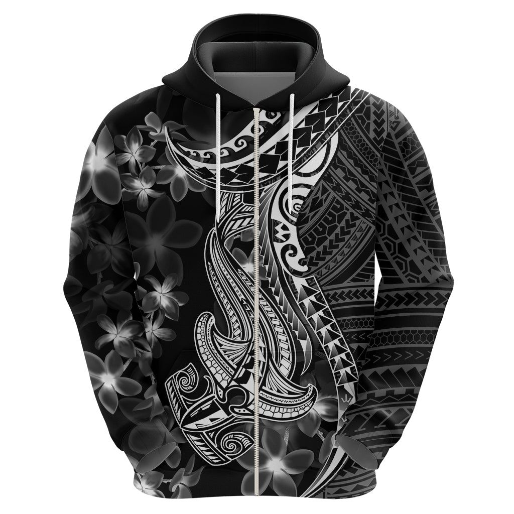 Black Polynesia Hoodie Shark Tattoo With Polynesian Plumeria LT14 - Polynesian Pride