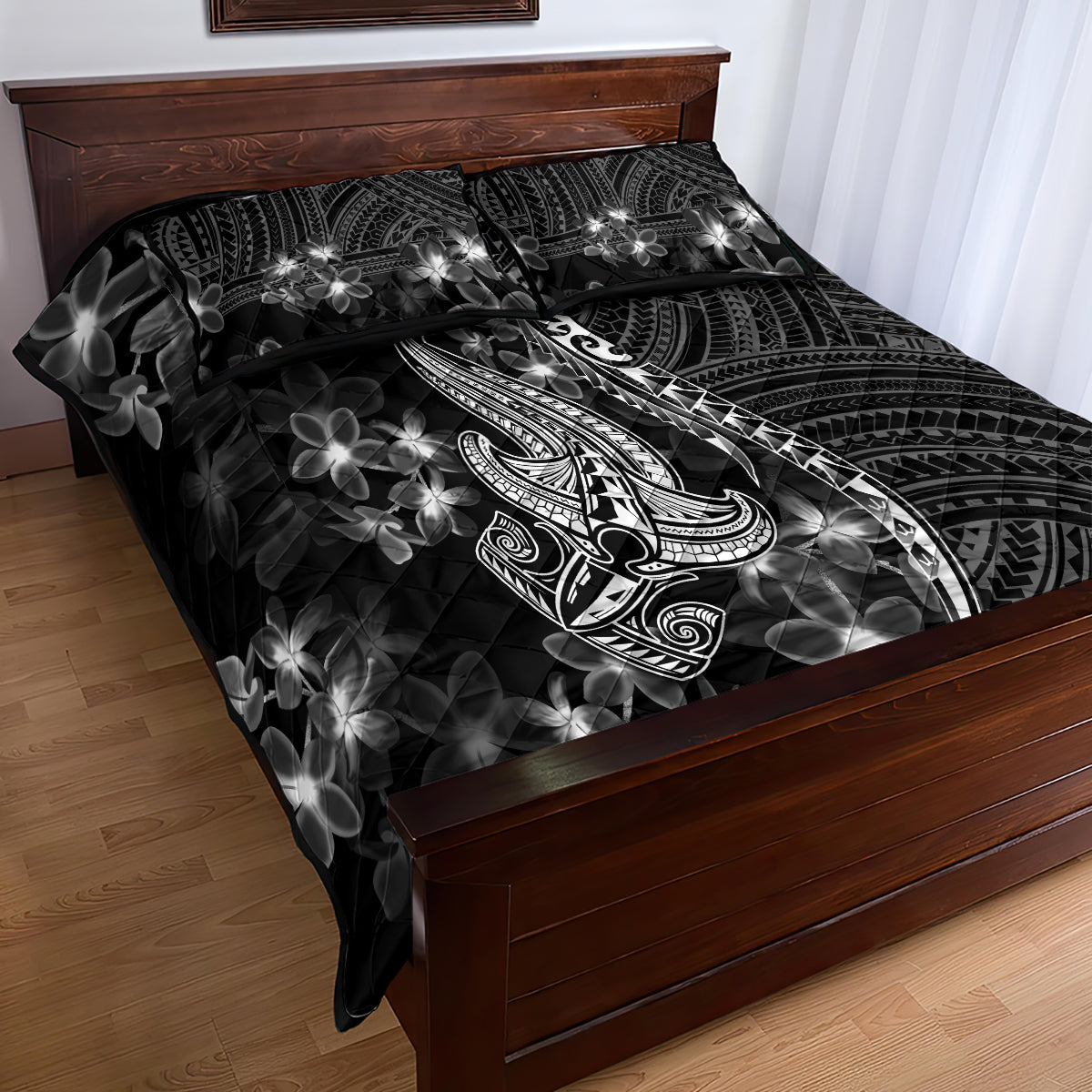 Black Polynesia Quilt Bed Set Shark Tattoo With Polynesian Plumeria LT14 - Polynesian Pride