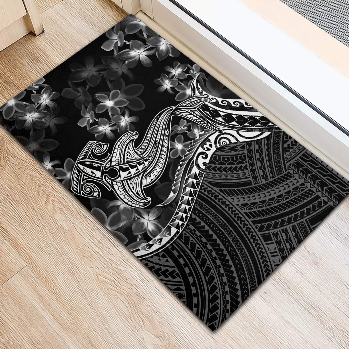 Black Polynesia Rubber Doormat Shark Tattoo With Polynesian Plumeria LT14 - Polynesian Pride