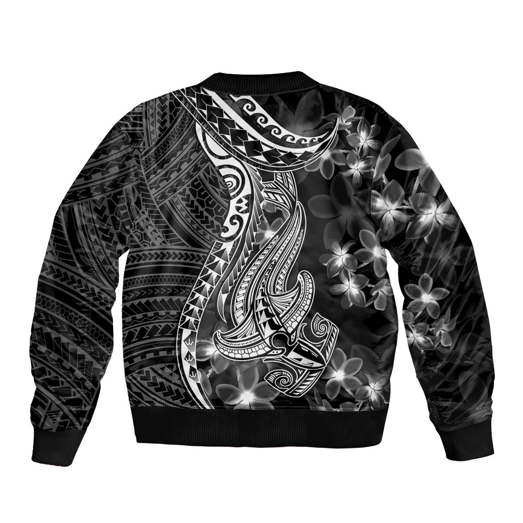 Black Polynesia Sleeve Zip Bomber Jacket Shark Tattoo With Polynesian Plumeria LT14 - Polynesian Pride