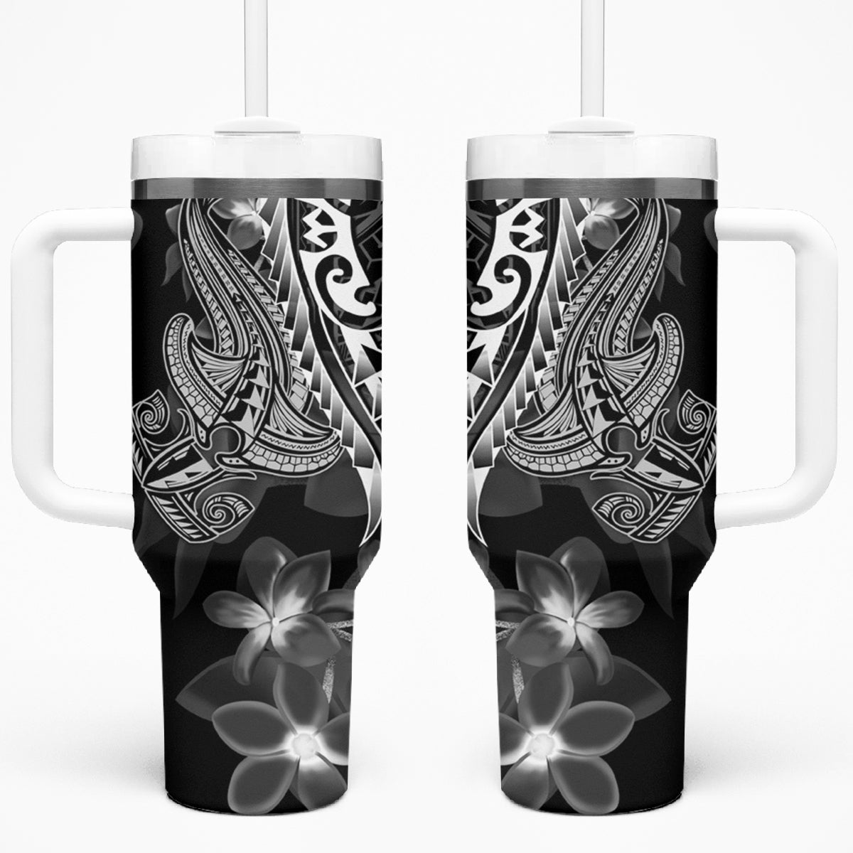 Black Polynesia Tumbler With Handle Shark Tattoo With Polynesian Plumeria