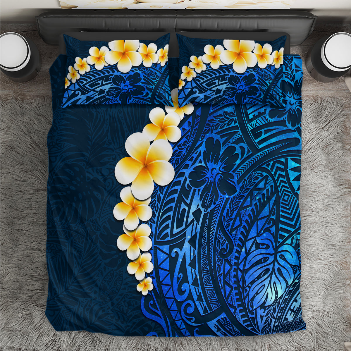 Blue Polynesia Bedding Set Plumeria Tropical Leaves With Galaxy Polynesian Art LT14 Blue - Polynesian Pride