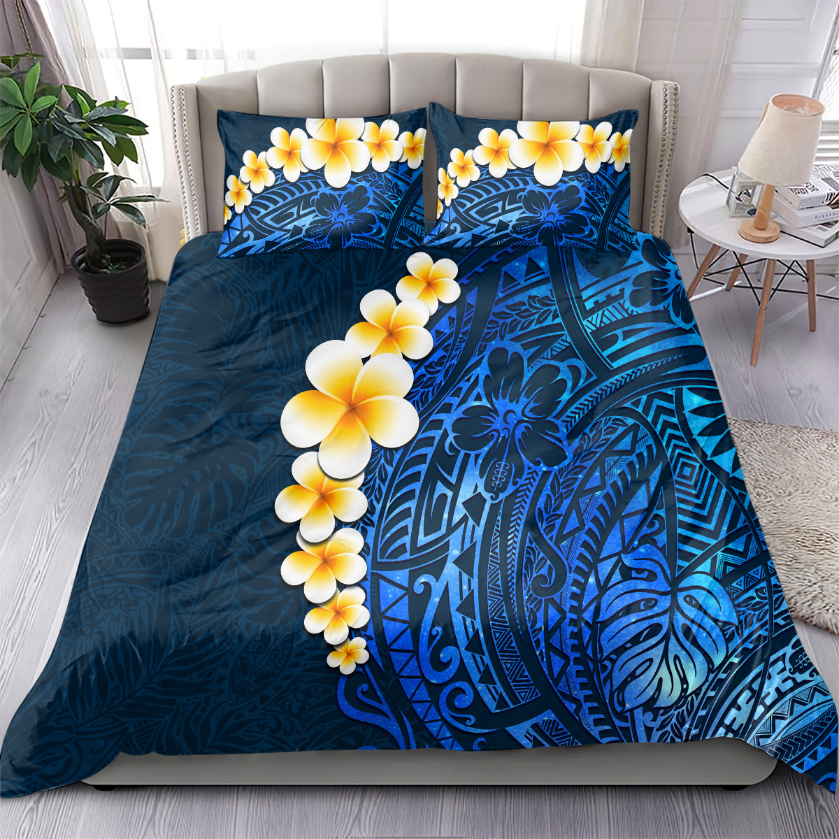 Blue Polynesia Bedding Set Plumeria Tropical Leaves With Galaxy Polynesian Art LT14 - Polynesian Pride