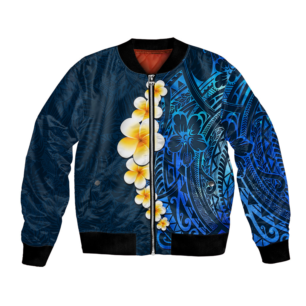 Blue Polynesia Bomber Jacket Plumeria Tropical Leaves With Galaxy Polynesian Art LT14 Unisex Blue - Polynesian Pride