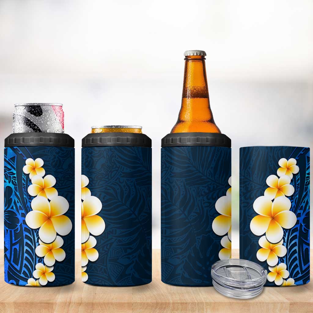 Blue Polynesia 4 in 1 Can Cooler Tumbler Plumeria Tropical Leaves With Galaxy Polynesian Art