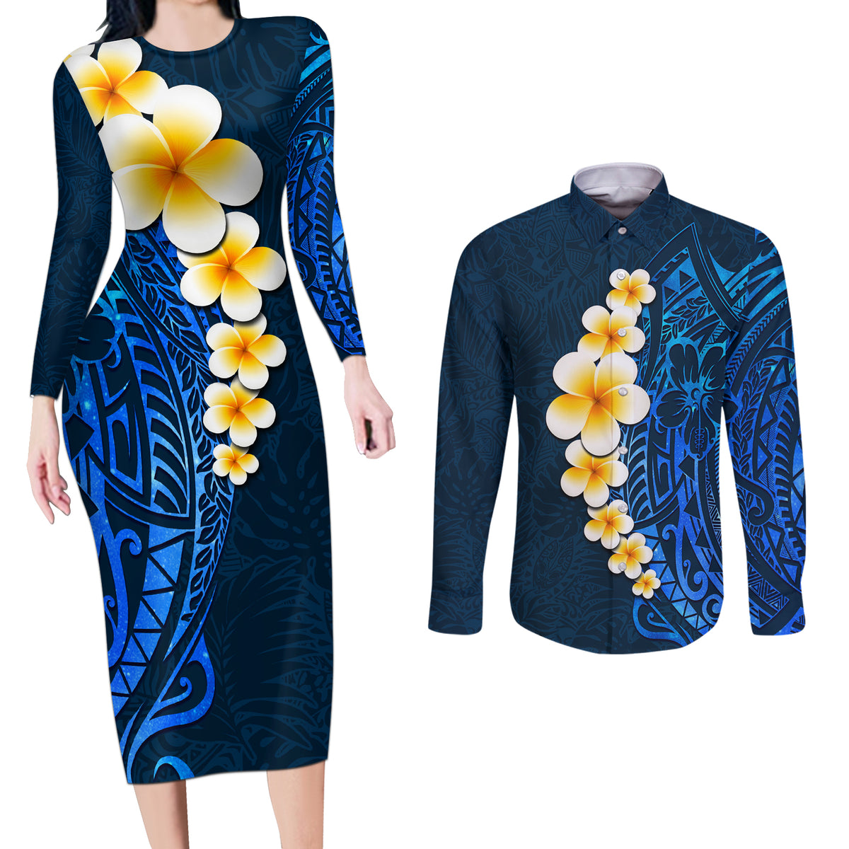 Blue Polynesia Couples Matching Long Sleeve Bodycon Dress and Long Sleeve Button Shirt Plumeria Tropical Leaves With Galaxy Polynesian Art LT14 Blue - Polynesian Pride