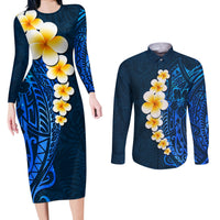 Blue Polynesia Couples Matching Long Sleeve Bodycon Dress and Long Sleeve Button Shirt Plumeria Tropical Leaves With Galaxy Polynesian Art LT14 Blue - Polynesian Pride