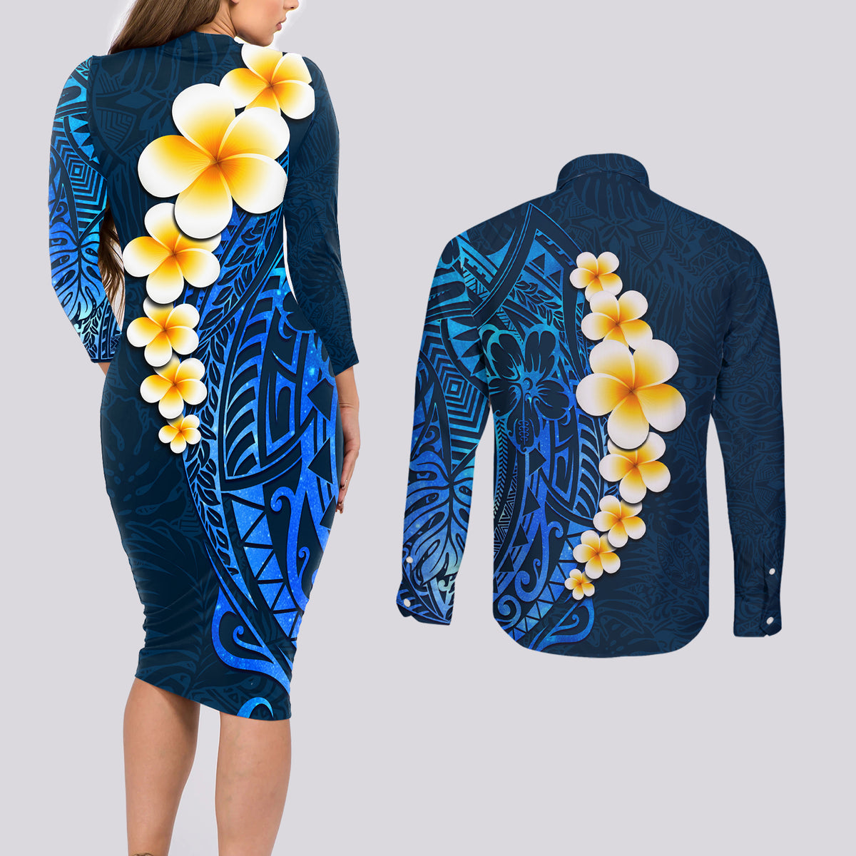 Blue Polynesia Couples Matching Long Sleeve Bodycon Dress and Long Sleeve Button Shirt Plumeria Tropical Leaves With Galaxy Polynesian Art LT14 - Polynesian Pride