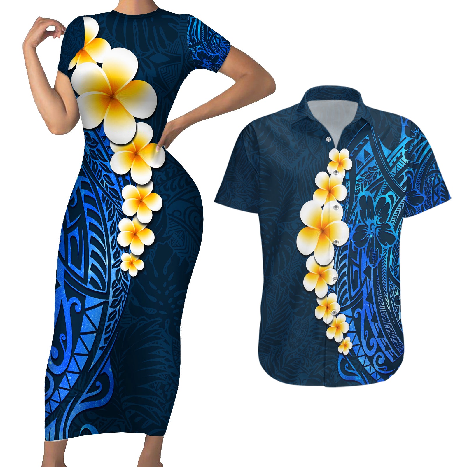 Blue Polynesia Couples Matching Short Sleeve Bodycon Dress and Hawaiian Shirt Plumeria Tropical Leaves With Galaxy Polynesian Art LT14 Blue - Polynesian Pride