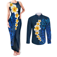 Blue Polynesia Couples Matching Tank Maxi Dress and Long Sleeve Button Shirt Plumeria Tropical Leaves With Galaxy Polynesian Art LT14 Blue - Polynesian Pride