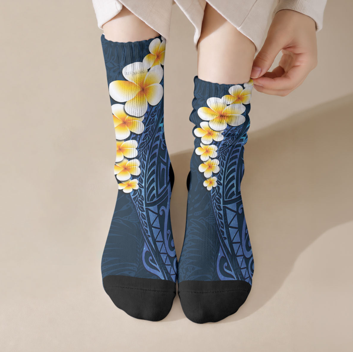 Blue Tropical Plumeria With Galaxy Polynesian Art Crew Socks LT14 Crew Socks Blue - Polynesian Pride