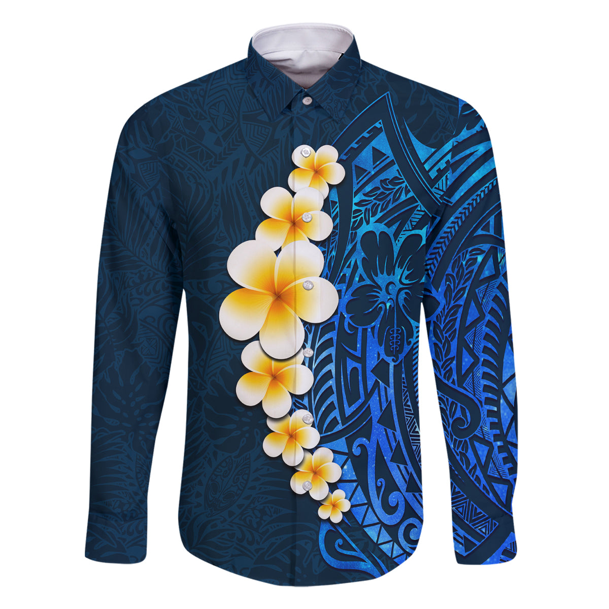 Blue Polynesia Family Matching Mermaid Dress and Hawaiian Shirt Plumeria Tropical Leaves With Galaxy Polynesian Art LT14 Dad's Shirt - Long Sleeve Blue - Polynesian Pride
