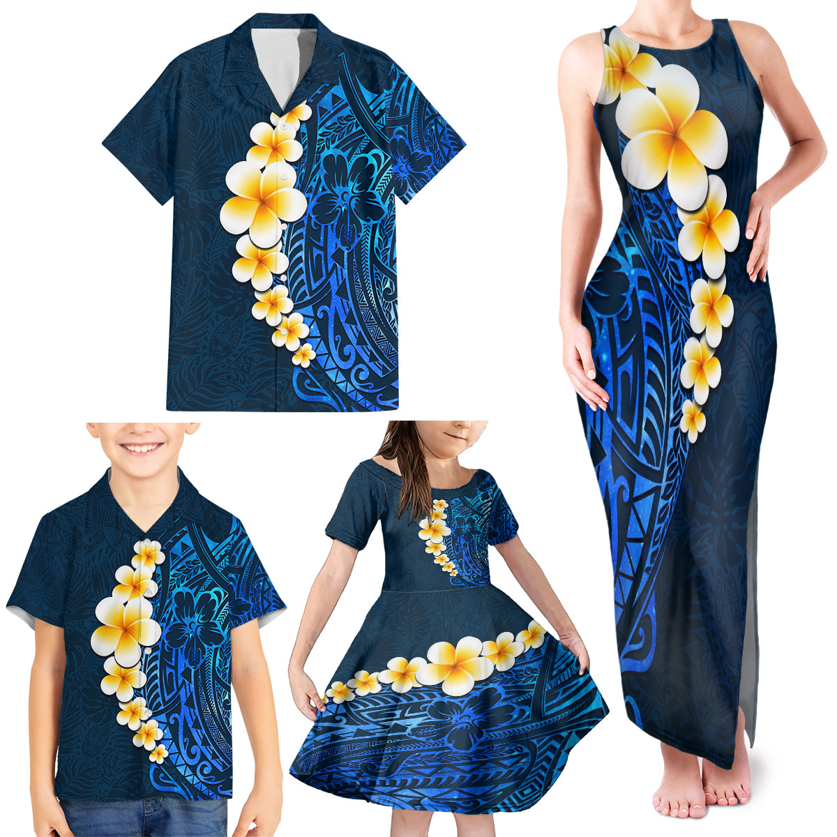 Blue Polynesia Family Matching Tank Maxi Dress and Hawaiian Shirt Plumeria Tropical Leaves With Galaxy Polynesian Art LT14 - Polynesian Pride