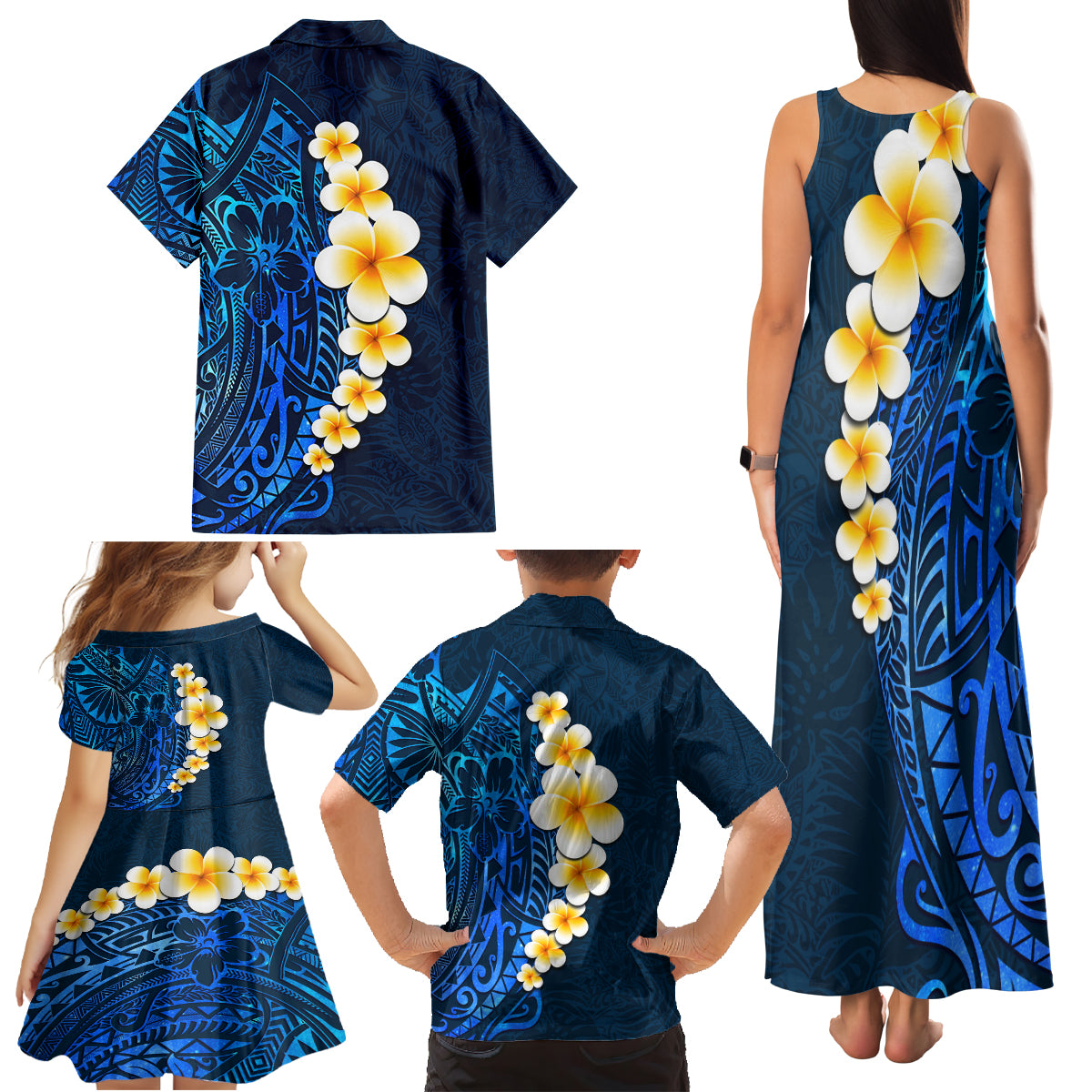 Blue Polynesia Family Matching Tank Maxi Dress and Hawaiian Shirt Plumeria Tropical Leaves With Galaxy Polynesian Art LT14 - Polynesian Pride
