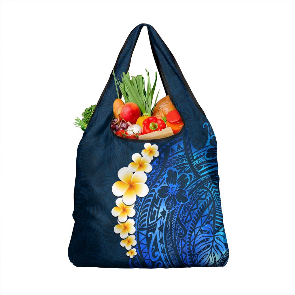 Blue Polynesia Grocery Bag Plumeria Tropical Leaves With Galaxy Polynesian Art