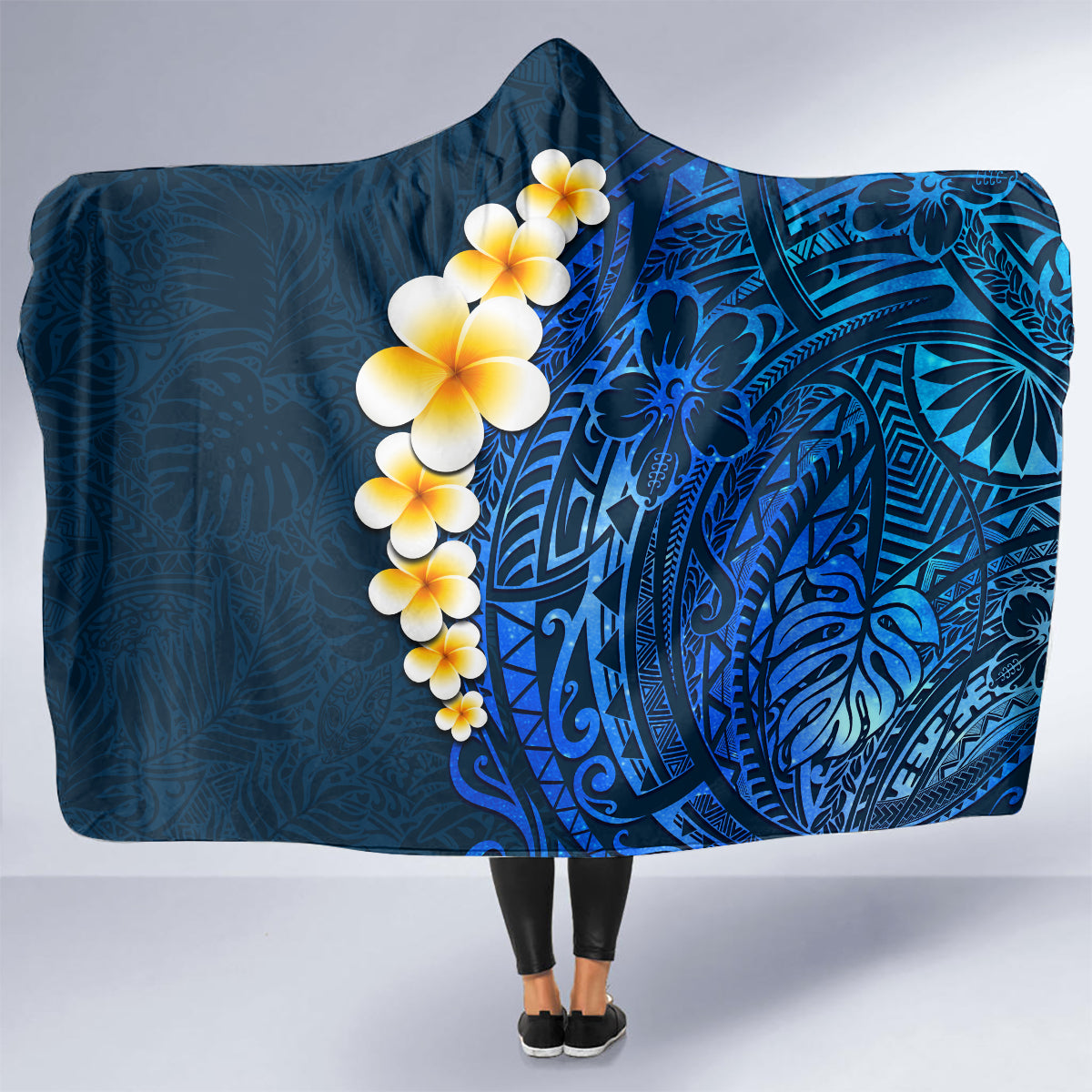 Blue Polynesia Hooded Blanket Plumeria Tropical Leaves With Galaxy Polynesian Art LT14 - Polynesian Pride