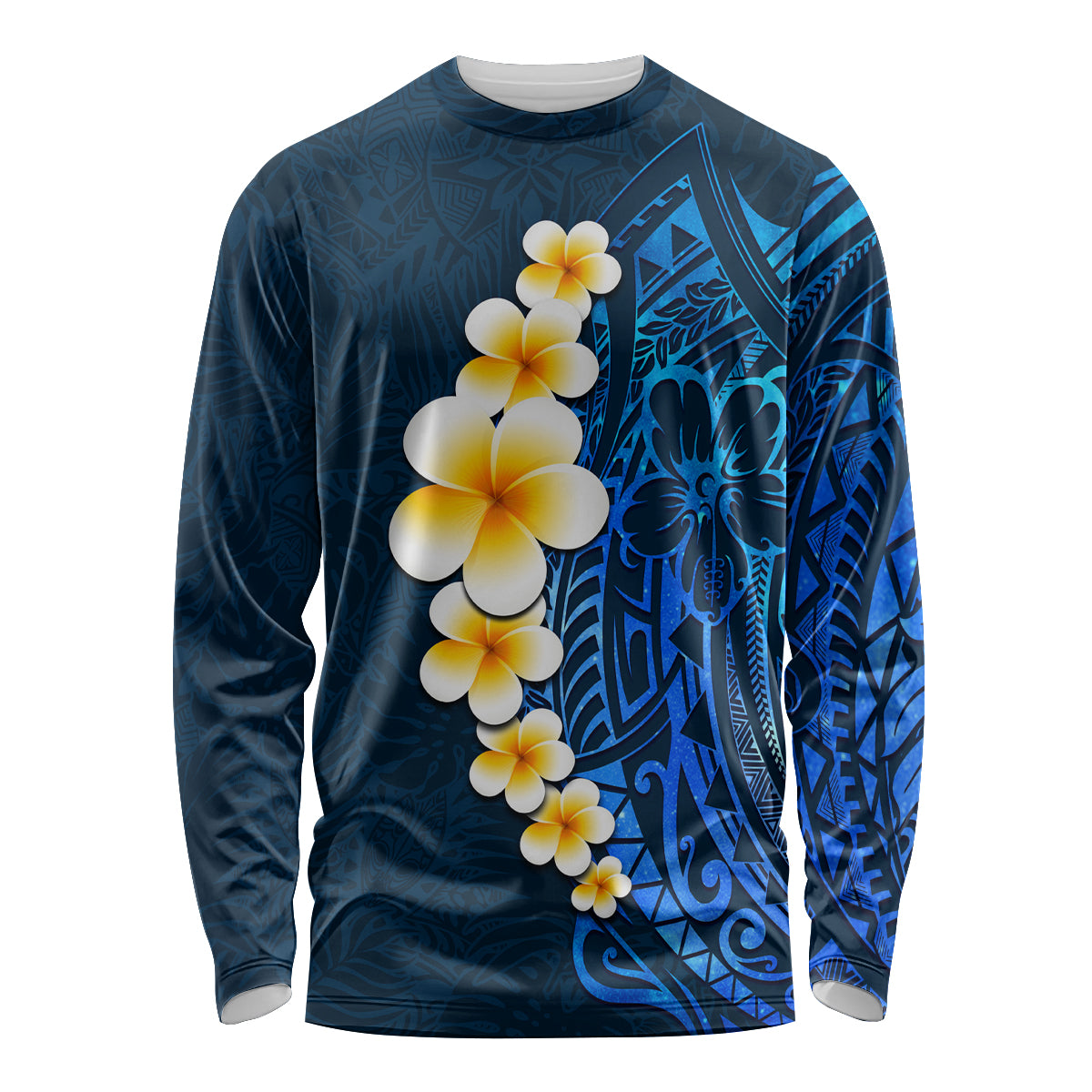 Blue Polynesia Long Sleeve Shirt Plumeria Tropical Leaves With Galaxy Polynesian Art LT14 Unisex Blue - Polynesian Pride