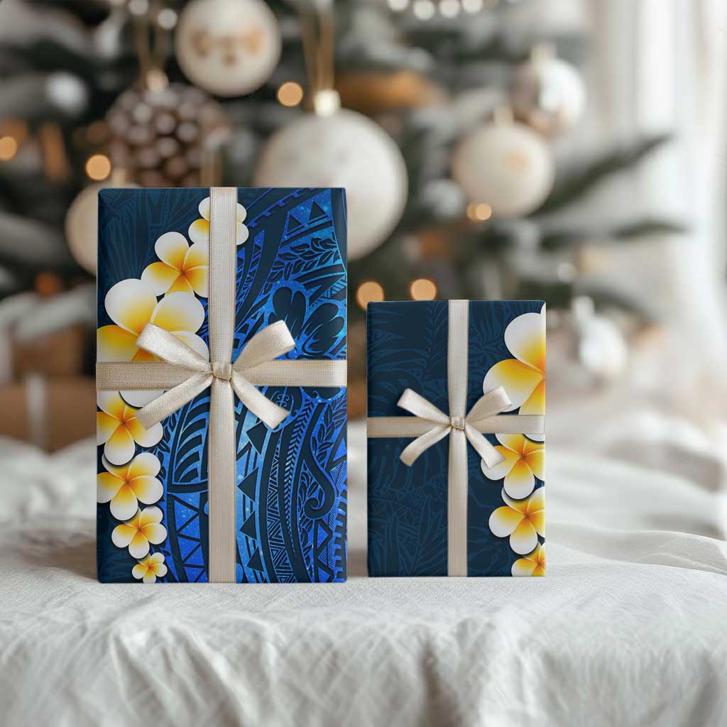 Blue Polynesia Wrapping Paper Plumeria Tropical Leaves With Galaxy Polynesian Art
