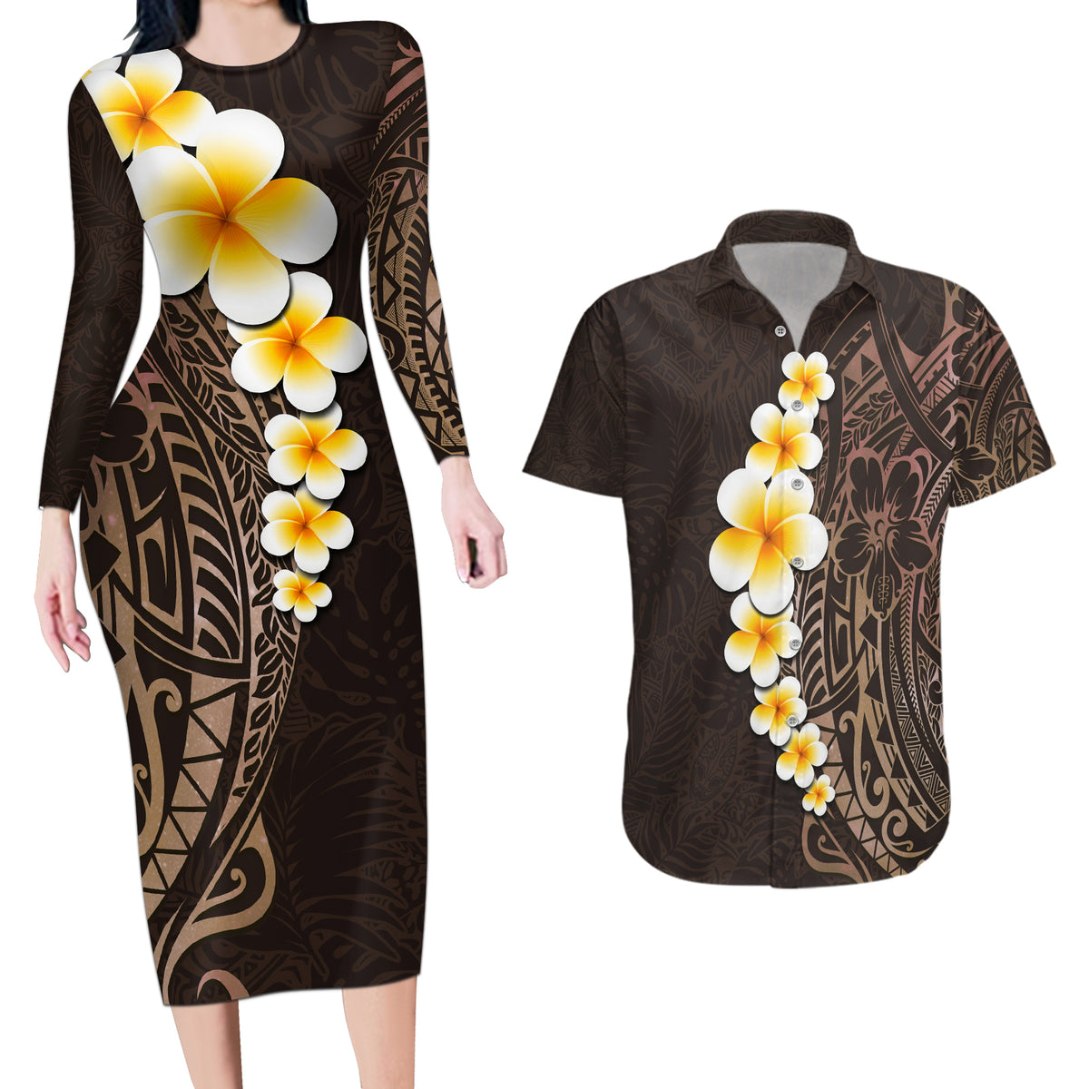 Brown Polynesia Couples Matching Long Sleeve Bodycon Dress and Hawaiian Shirt Plumeria Tropical Leaves With Galaxy Polynesian Art LT14 Brown - Polynesian Pride