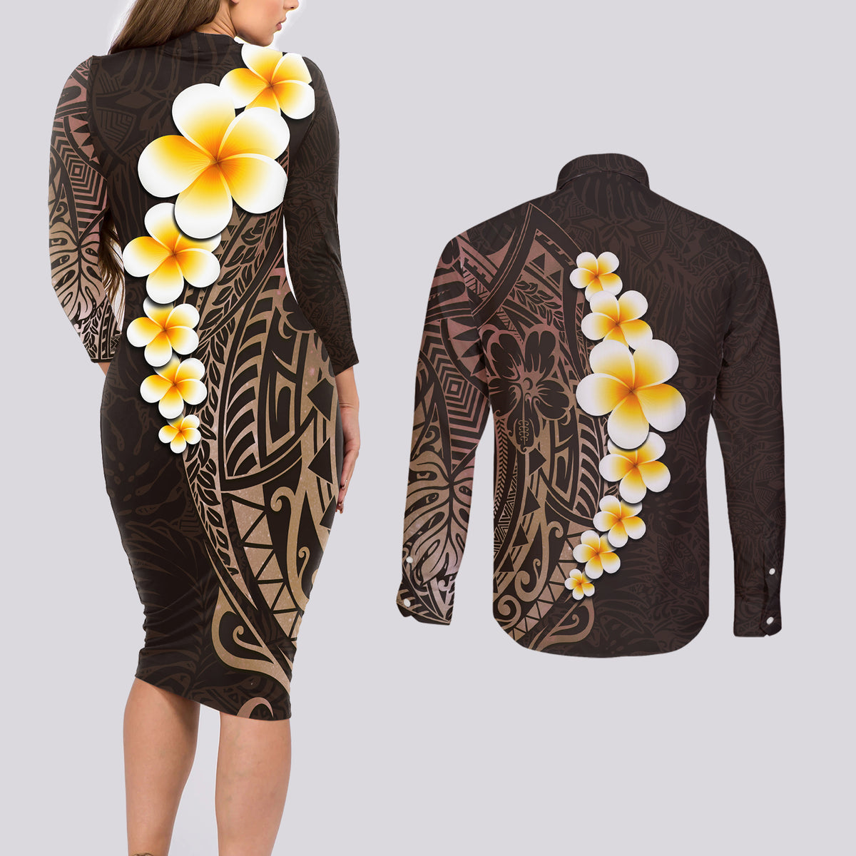 Brown Polynesia Couples Matching Long Sleeve Bodycon Dress and Long Sleeve Button Shirt Plumeria Tropical Leaves With Galaxy Polynesian Art LT14 - Polynesian Pride