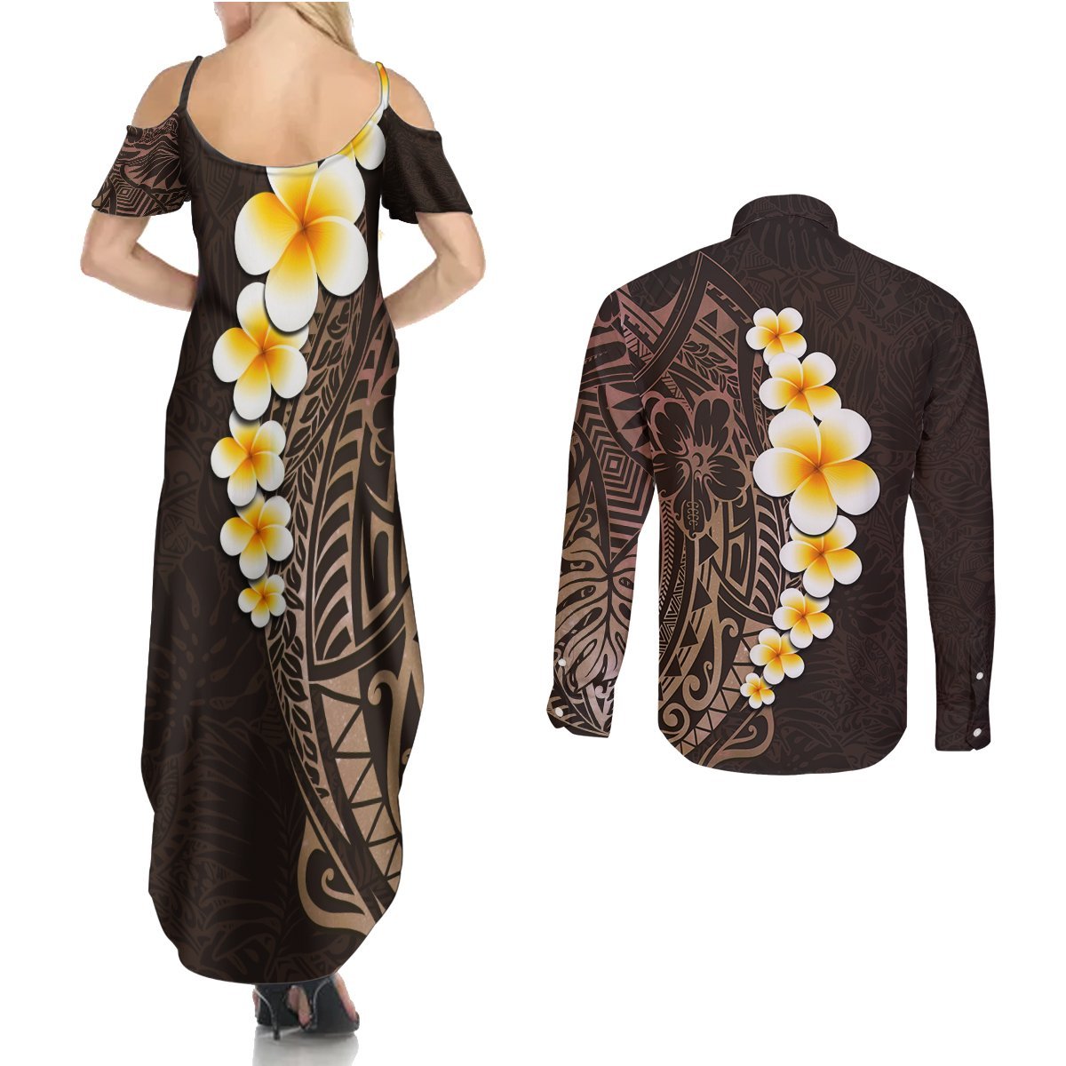 Brown Polynesia Couples Matching Summer Maxi Dress and Long Sleeve Button Shirt Plumeria Tropical Leaves With Galaxy Polynesian Art LT14 - Polynesian Pride