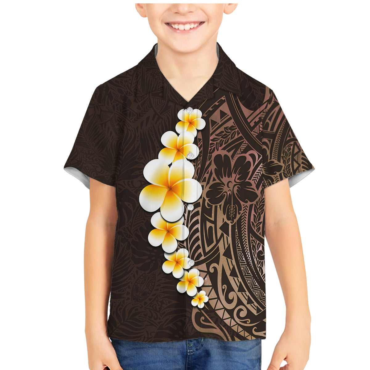 Brown Polynesia Family Matching Mermaid Dress and Hawaiian Shirt Plumeria Tropical Leaves With Galaxy Polynesian Art LT14 Son's Shirt Brown - Polynesian Pride