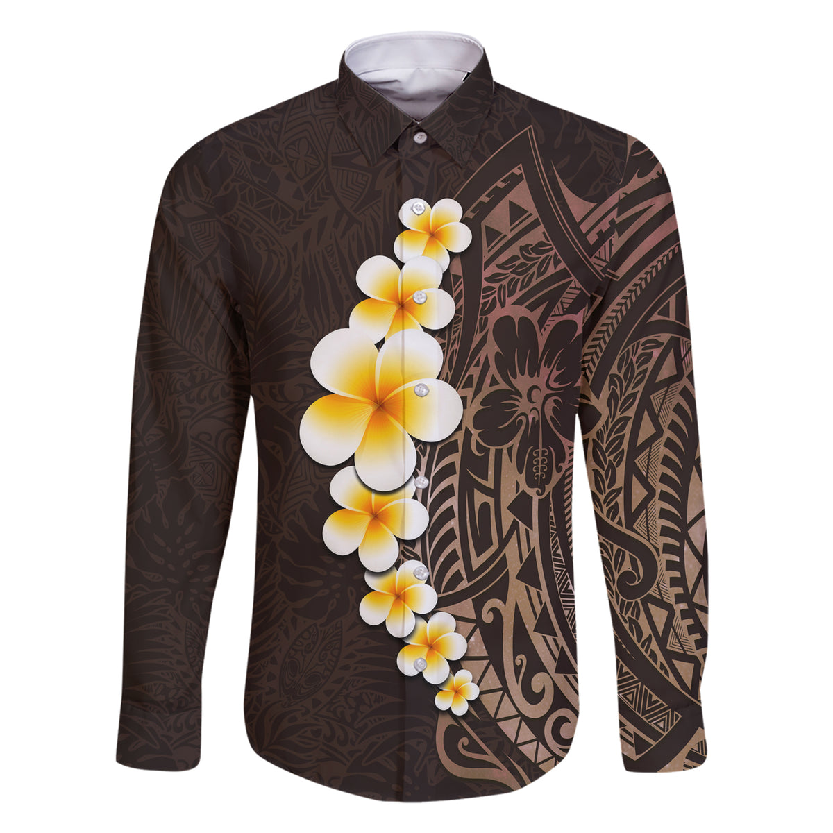 Brown Polynesia Family Matching Short Sleeve Bodycon Dress and Hawaiian Shirt Plumeria Tropical Leaves With Galaxy Polynesian Art LT14 Dad's Shirt - Long Sleeve Brown - Polynesian Pride