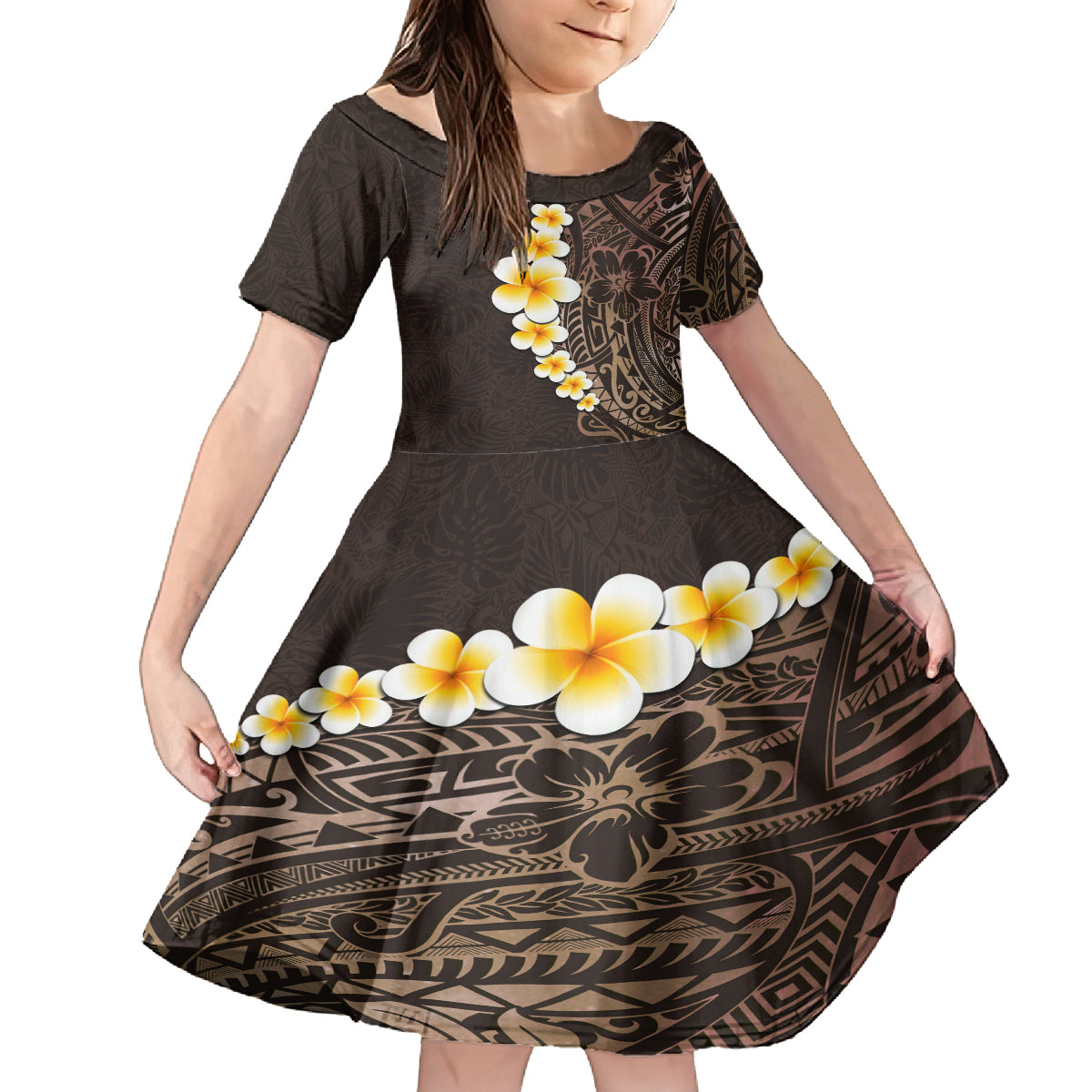 Brown Polynesia Family Matching Tank Maxi Dress and Hawaiian Shirt Plumeria Tropical Leaves With Galaxy Polynesian Art LT14 Daughter's Dress Brown - Polynesian Pride