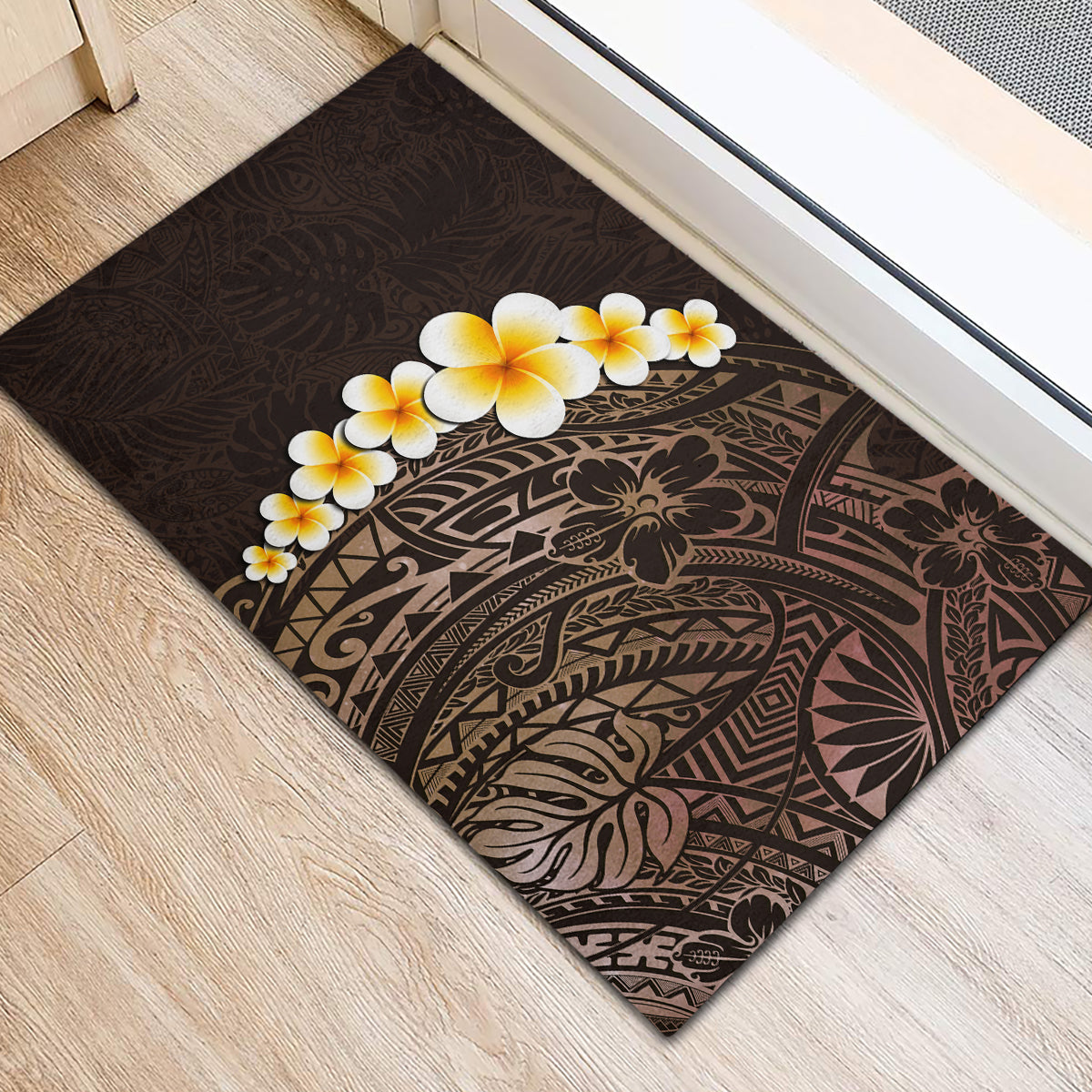 Brown Polynesia Rubber Doormat Plumeria Tropical Leaves With Galaxy Polynesian Art LT14 - Polynesian Pride