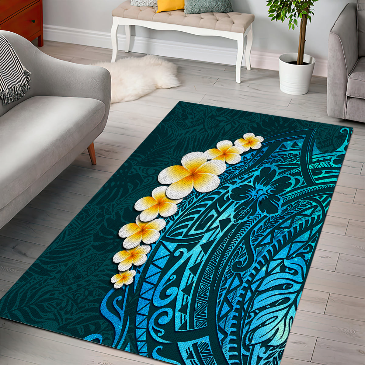 Turquosie Polynesia Area Rug Plumeria Tropical Leaves With Galaxy Polynesian Art LT14 - Polynesian Pride