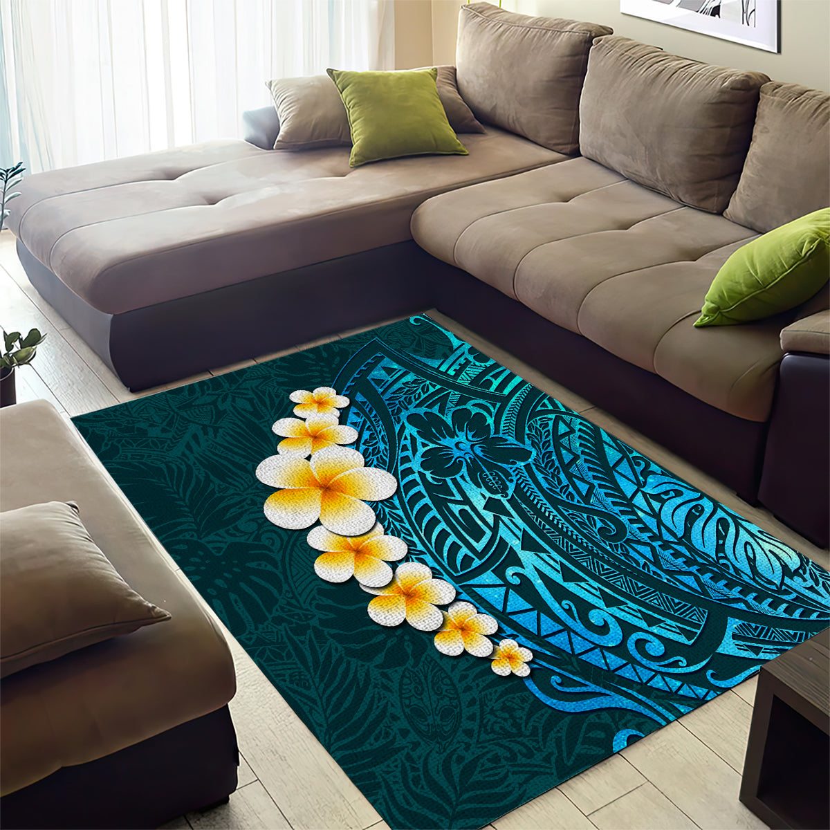 Turquosie Polynesia Area Rug Plumeria Tropical Leaves With Galaxy Polynesian Art LT14 - Polynesian Pride
