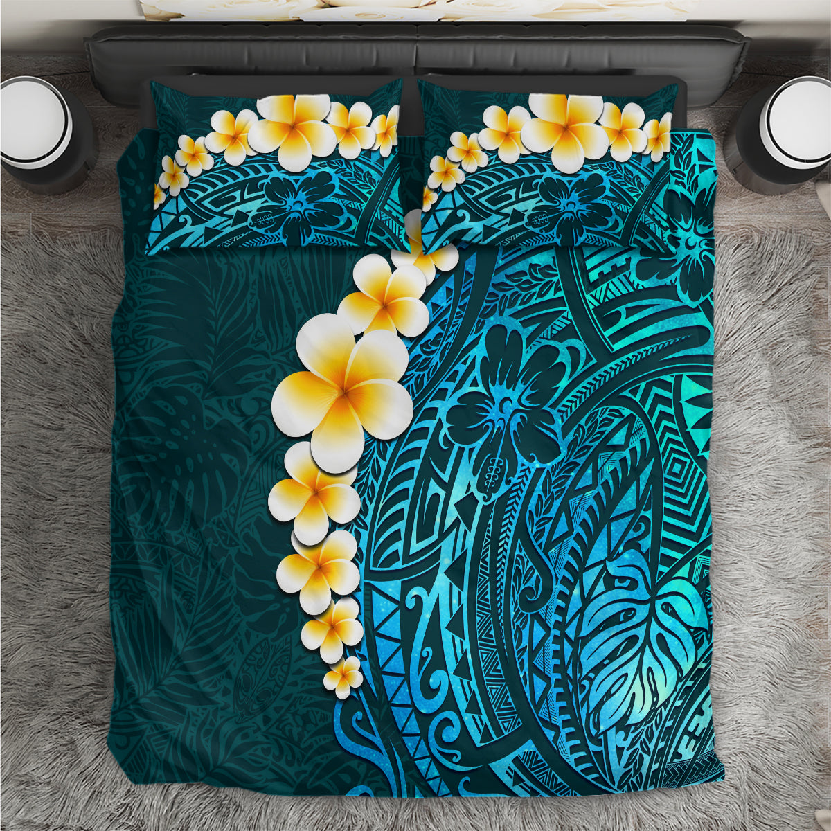 Turquosie Polynesia Bedding Set Plumeria Tropical Leaves With Galaxy Polynesian Art LT14 Turquoise - Polynesian Pride