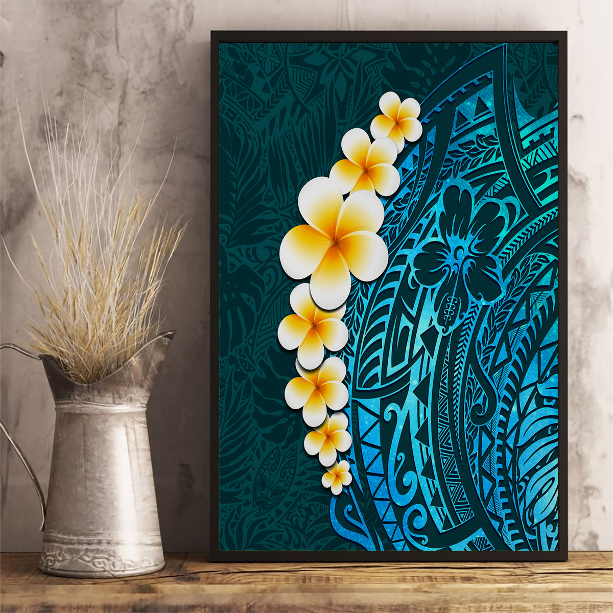 Turquosie Polynesia Canvas Wall Art Plumeria Tropical Leaves With Galaxy Polynesian Art LT14 - Polynesian Pride
