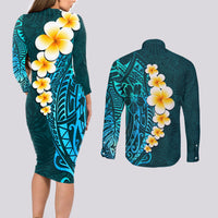 Turquosie Polynesia Couples Matching Long Sleeve Bodycon Dress and Long Sleeve Button Shirt Plumeria Tropical Leaves With Galaxy Polynesian Art LT14 - Polynesian Pride
