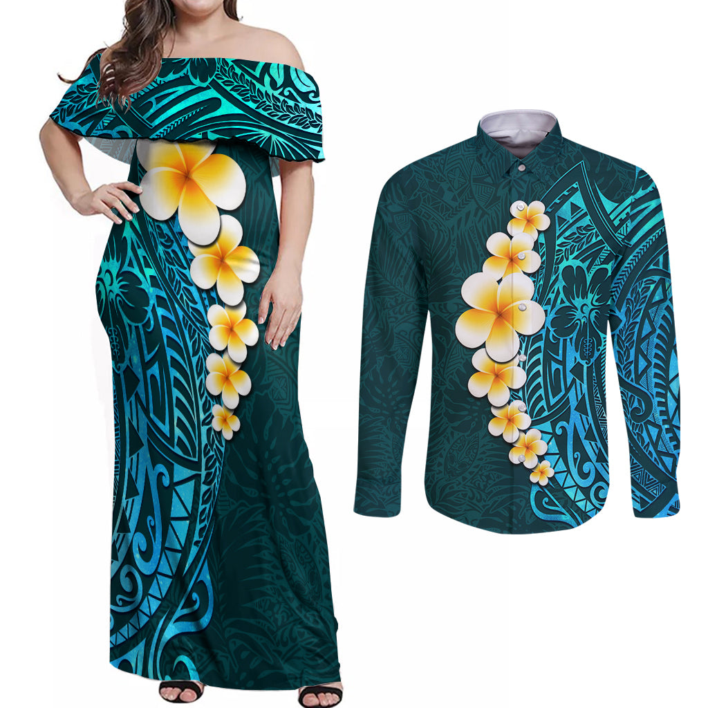 Turquosie Polynesia Couples Matching Off Shoulder Maxi Dress and Long Sleeve Button Shirt Plumeria Tropical Leaves With Galaxy Polynesian Art LT14 Turquoise - Polynesian Pride