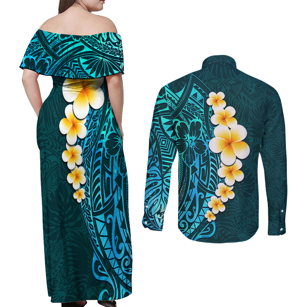 Turquosie Polynesia Couples Matching Off Shoulder Maxi Dress and Long Sleeve Button Shirt Plumeria Tropical Leaves With Galaxy Polynesian Art LT14 - Polynesian Pride