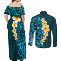 Turquosie Polynesia Couples Matching Off Shoulder Maxi Dress and Long Sleeve Button Shirt Plumeria Tropical Leaves With Galaxy Polynesian Art LT14 - Polynesian Pride