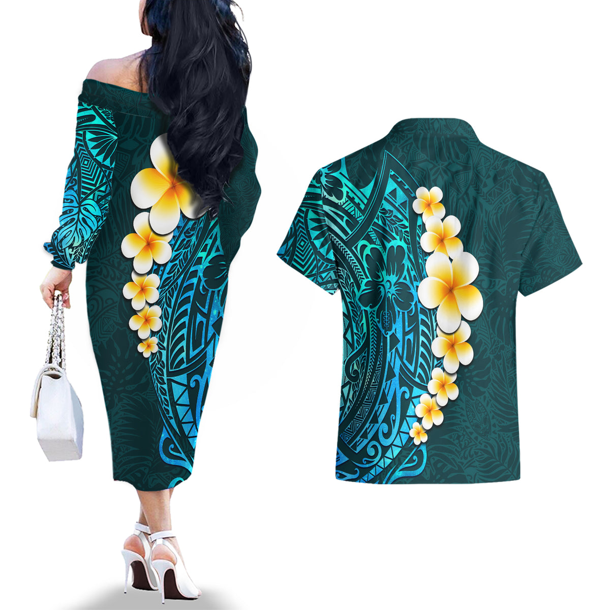 Turquosie Polynesia Couples Matching Off The Shoulder Long Sleeve Dress and Hawaiian Shirt Plumeria Tropical Leaves With Galaxy Polynesian Art LT14 - Polynesian Pride