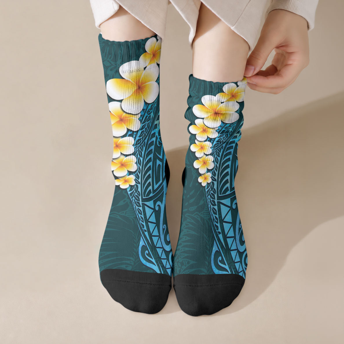 Turquoise Tropical Plumeria With Galaxy Polynesian Art Crew Socks