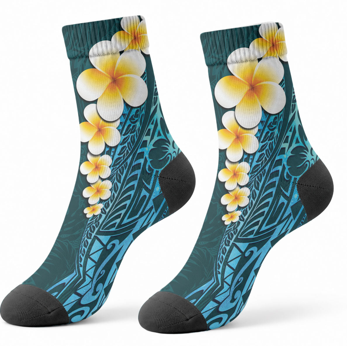 Turquoise Tropical Plumeria With Galaxy Polynesian Art Crew Socks
