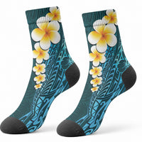 Turquoise Tropical Plumeria With Galaxy Polynesian Art Crew Socks