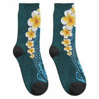 Turquoise Tropical Plumeria With Galaxy Polynesian Art Crew Socks