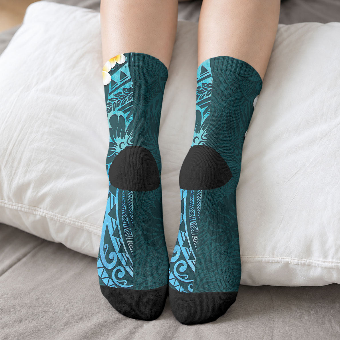 Turquoise Tropical Plumeria With Galaxy Polynesian Art Crew Socks