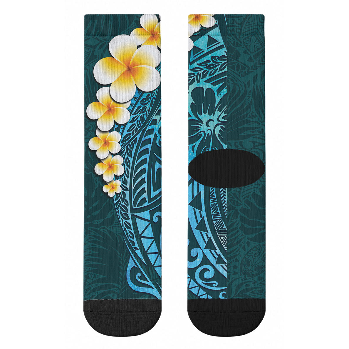 Turquoise Tropical Plumeria With Galaxy Polynesian Art Crew Socks