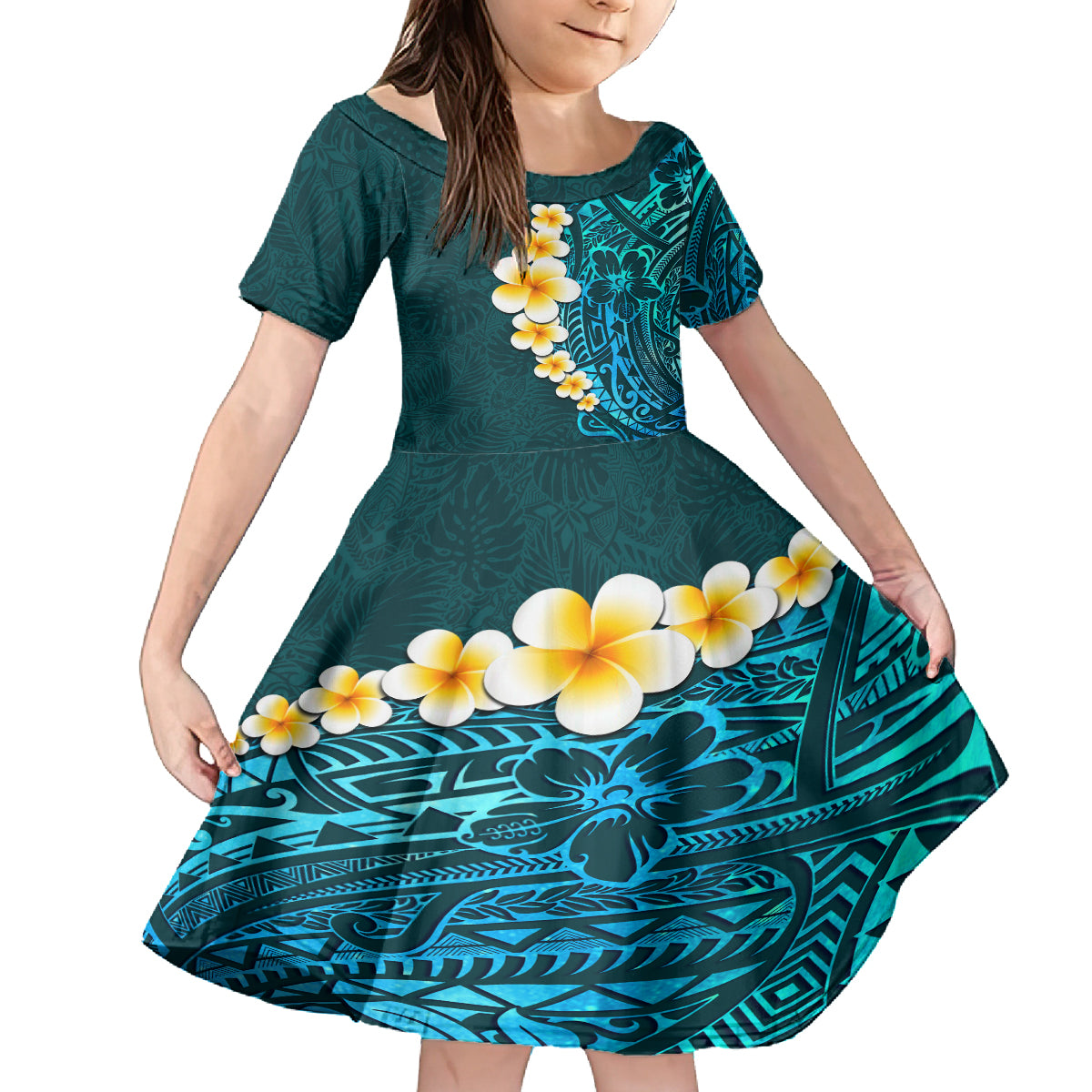 Turquosie Polynesia Family Matching Off Shoulder Maxi Dress and Hawaiian Shirt Plumeria Tropical Leaves With Galaxy Polynesian Art LT14 Daughter's Dress Turquoise - Polynesian Pride