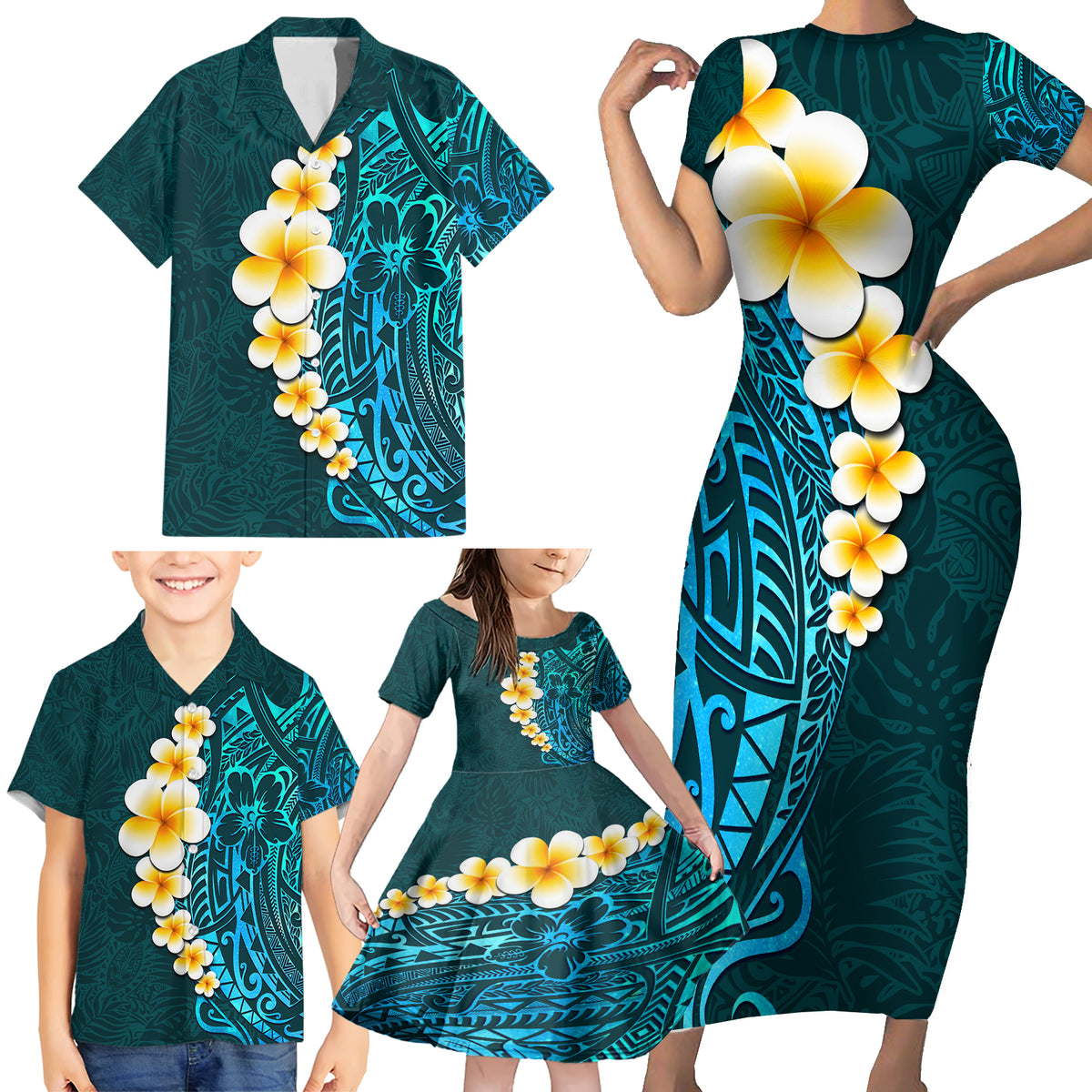 Turquosie Polynesia Family Matching Short Sleeve Bodycon Dress and Hawaiian Shirt Plumeria Tropical Leaves With Galaxy Polynesian Art LT14 - Polynesian Pride