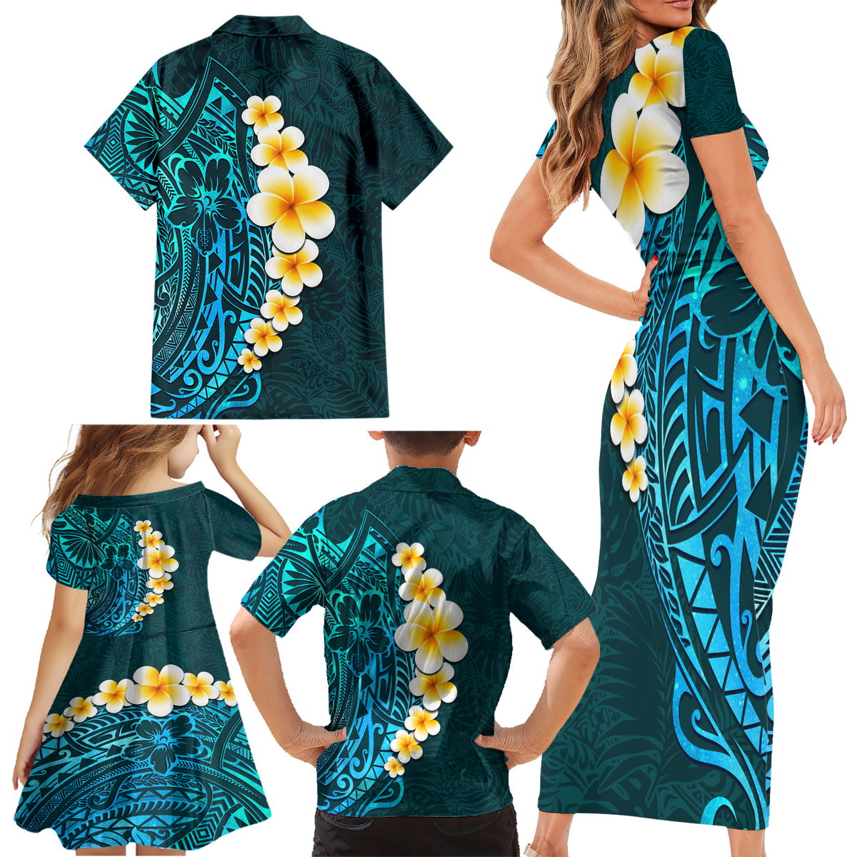 Turquosie Polynesia Family Matching Short Sleeve Bodycon Dress and Hawaiian Shirt Plumeria Tropical Leaves With Galaxy Polynesian Art LT14 - Polynesian Pride